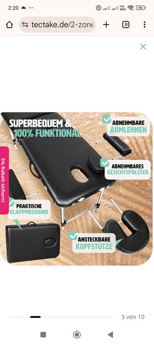 Masa de masaj cu 2 zone
cu cadru din aluminiu, pliabil și reglabil pe