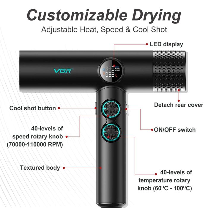 Професионален сешоар VGR-401 BLDC мотор за бързо сушене с нисък шум