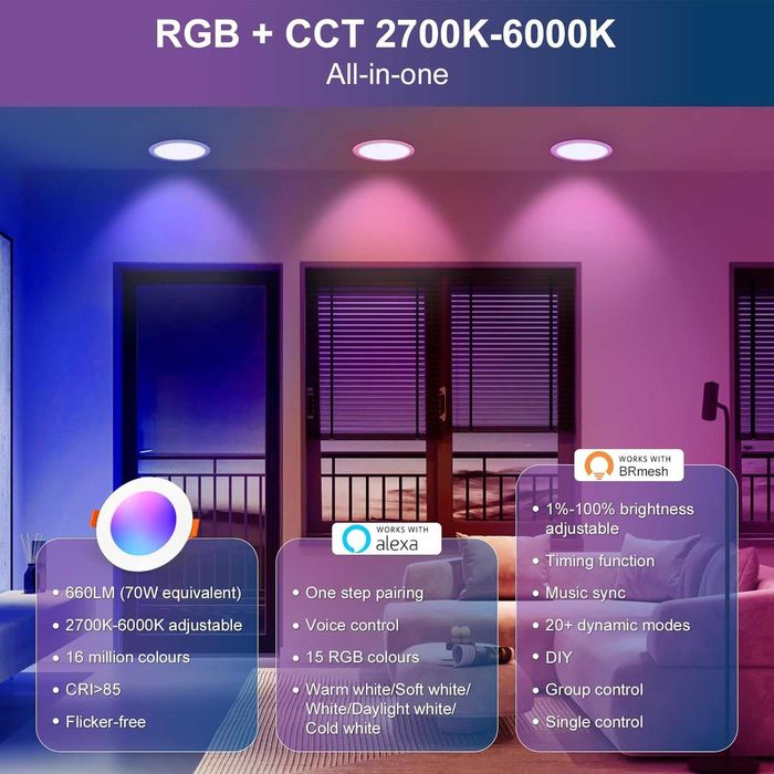 LED RGB смарт вградени спотове димируеми с APP – 4 броя