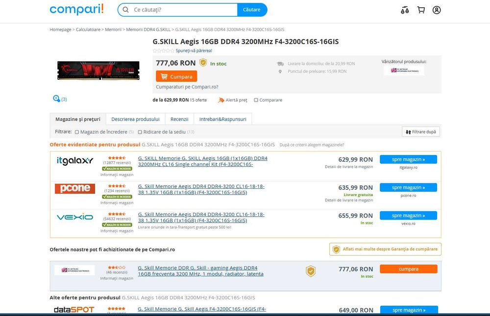 Se vinde 2 placute rami 16gb ddr4 3000MHz F4-3000C16D-16GISB