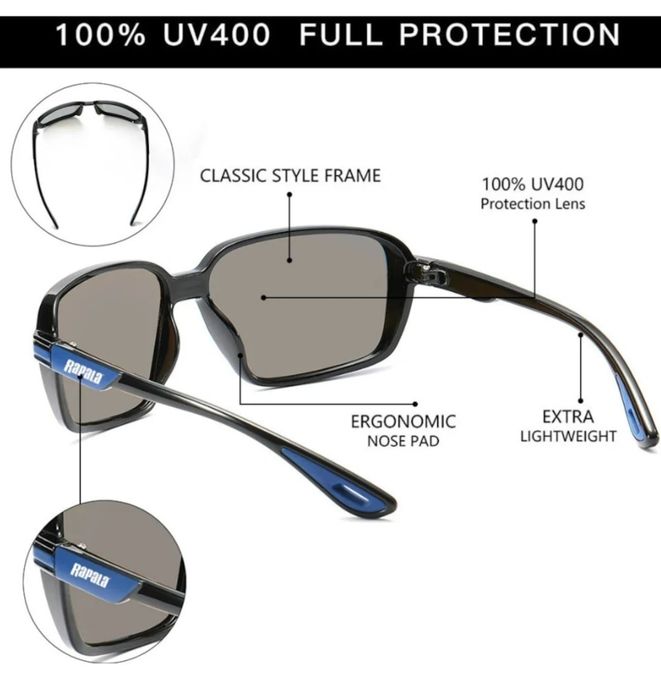 Ochelari de soare Rapala polarizati, 400 UV, pt pescuit, drumetii, vanatoare, alergat, ciclism,condus Albastru cu husa de protectie