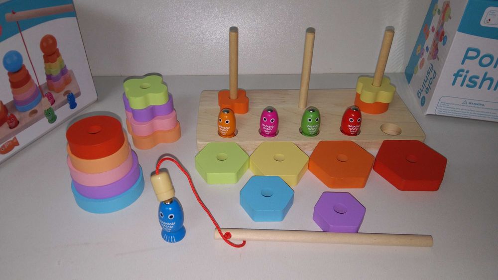 3 в 1 дървени рингове с различени елементи + магнитен риболов с въдица