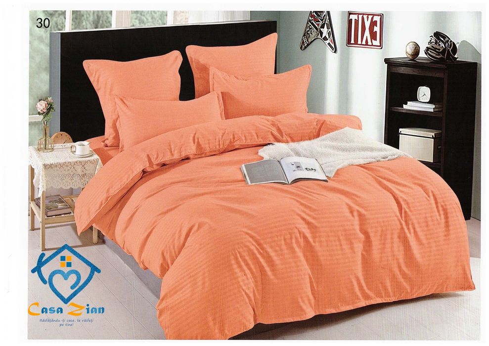 Lenjerie pat matrimonial Damasc, 6 piese, bumbac gros cu elastic,