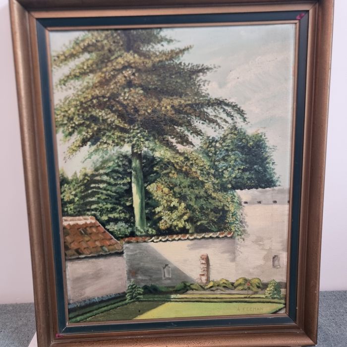 Tablou vechi ulei pe pânză semnat A. Eechan peisaj grădină 59x49 cm