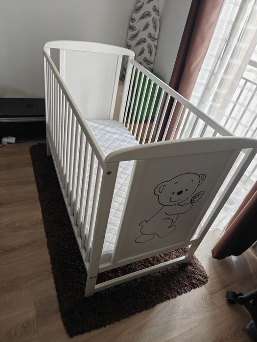 Pătuț bebe din lemn masiv Bear 120x60cm și saltea Cocos
