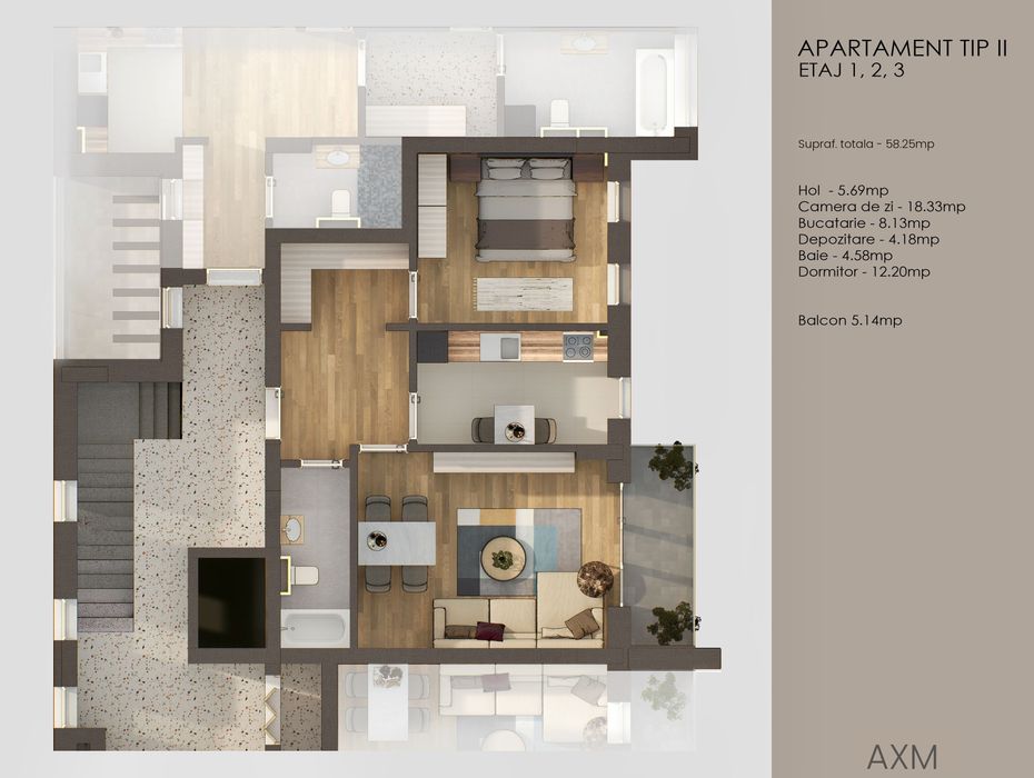 Apartament 2 camere 53 mp + balcon 5 mp Tractorul / Coresi
