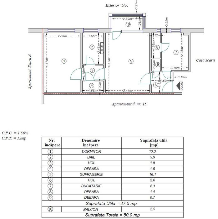 Apartament 2 camere, 48 mp, etaj 3/4, Cornișa – lângă Școala 10