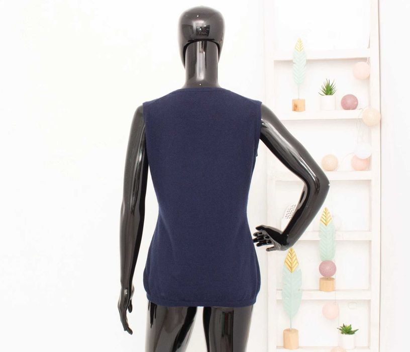 Дамски 100% кашмирен пуловер без ръкав тъмно син елек L