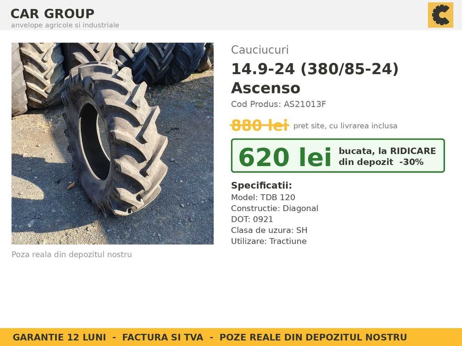 ANVELOPE 14.9-24 14.9 24 149-24 380/85-24 Ascenso TDB120 DOT 2021 Cauciucuri Tractor Punte Fata SH GARANTIE