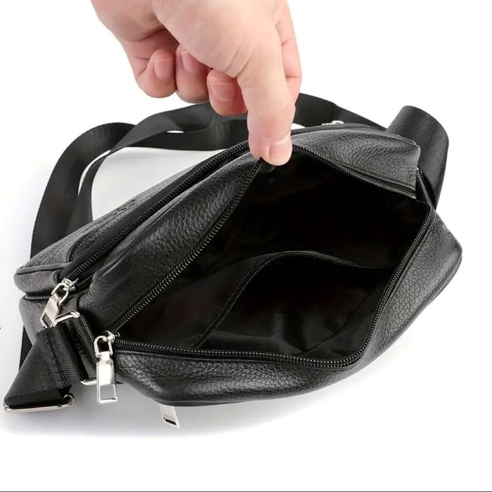 Мъжка квадратна кожена чанта за през рамо/Обемна от черна естест. кожа