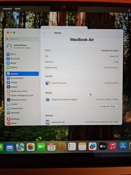 MacBook Air 2022 M2 8core 256GB SSD 8GB  13.6 Retina Display IMPECABIL