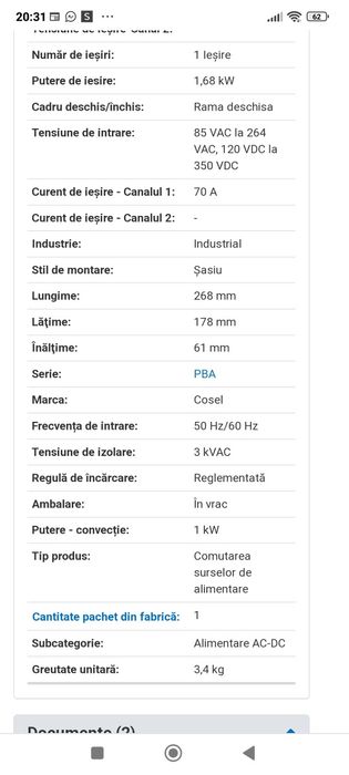 Sursa in comutați Cosel PBA 1500F-24