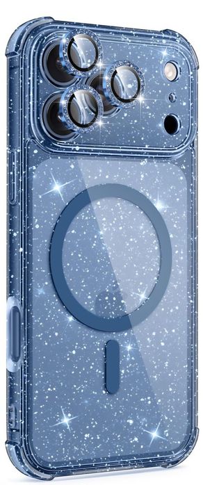 Husă iPhone 17 Pro Max MagSafe + Protecție Lentile – Albastru Sclipici