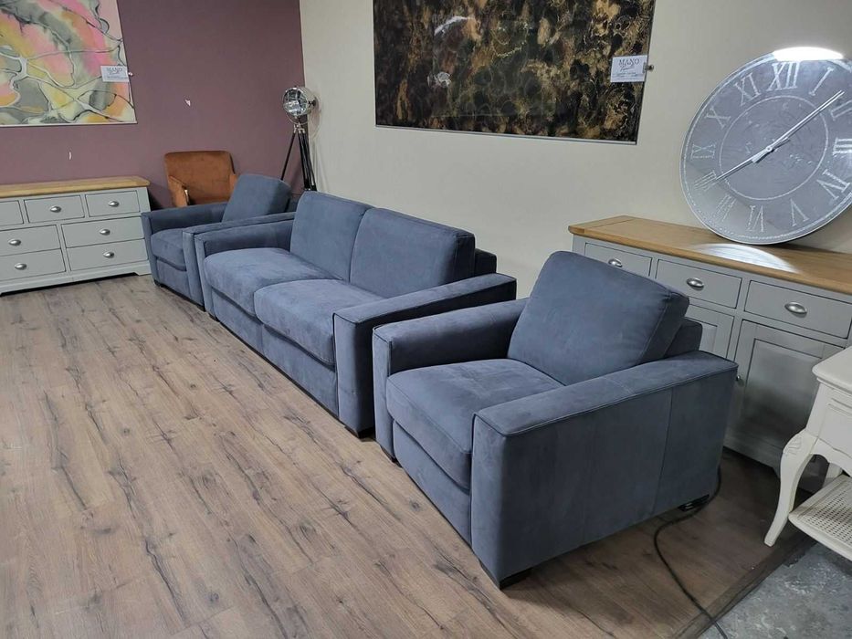 Сив комплект от плат набук диван тройка с функция сън и два фотьойла