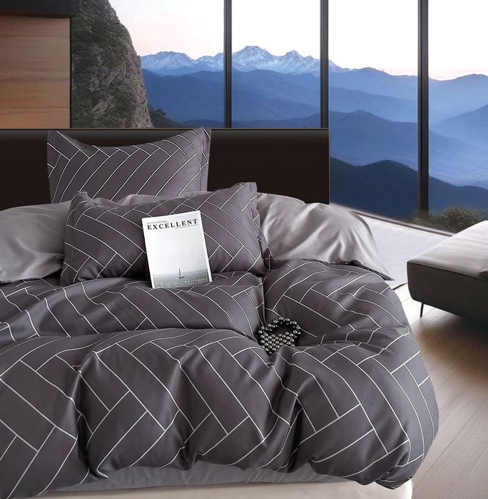 Lenjerie De Pat Brick Xf056, Bumbac, 4 Piese, Fara Elastic, Gri