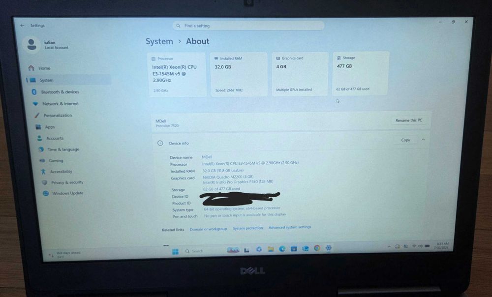 Laptop Dell 7520 Intel Xeon E3-1545M v5, 32/64GB RAM 2.9Ghz, 512GB SSD
