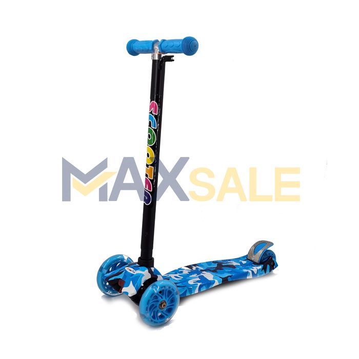 Детска тротинетка триколка камуфлаж с 3 светещи колела синьо