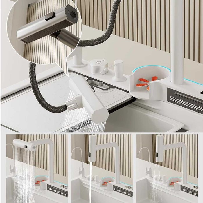 Луксозна бяла мултифункционална кухненска мивка с двоен водопад