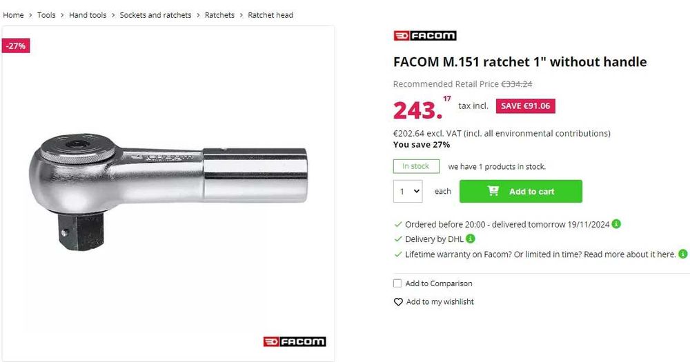 FACOM M.151 - Тресчотна глава без дръжка 3/4'' като нова