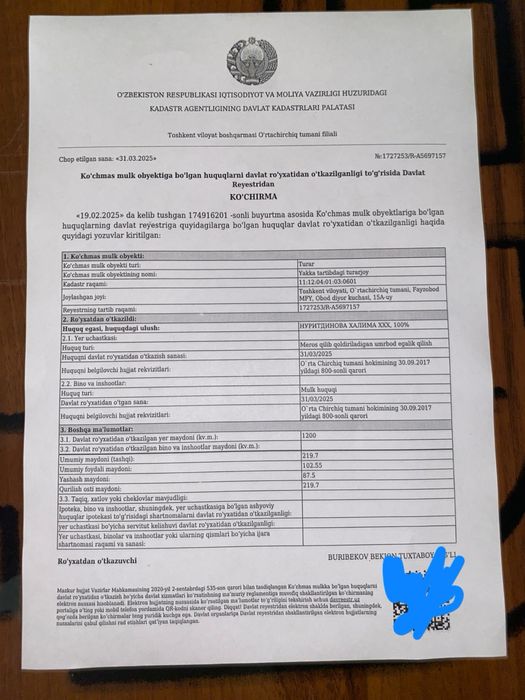 O’rta Chirchiq tumani Qorasuvda yer sotiladi 12 sotix