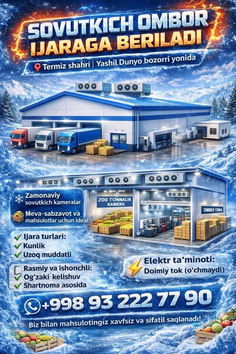 Sovutgich omborxona,sklad ijaraga beriladi ijarachi topganga 1 million