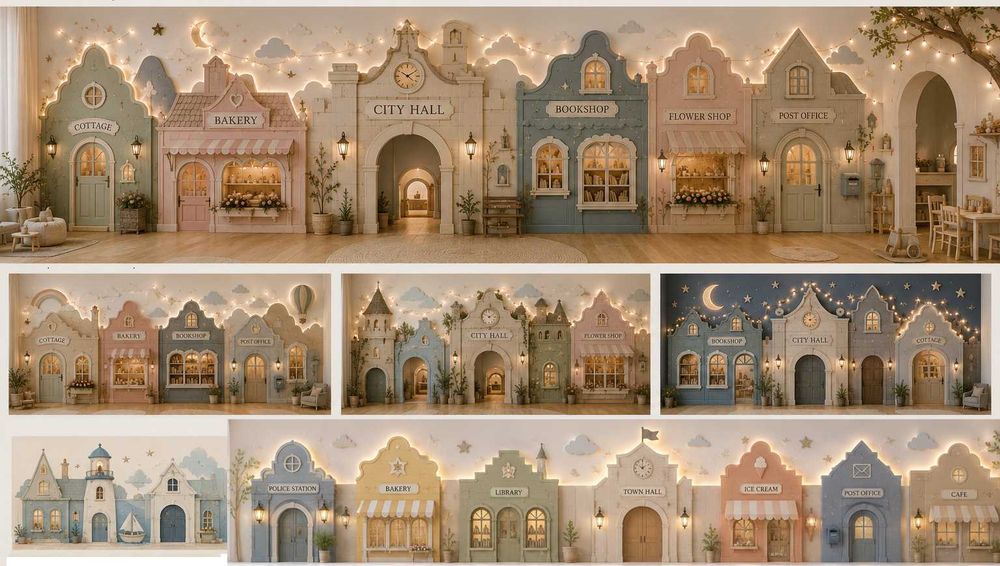 Fațade /casuțe tematice MDF / lemn pentru copii | Wall Art LED | Backdrops evenimente | Candy Bar