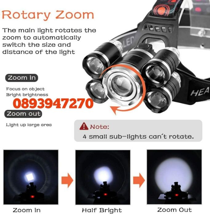Челник Фенер за Глава с акумулаторни батерии и 5 Диода