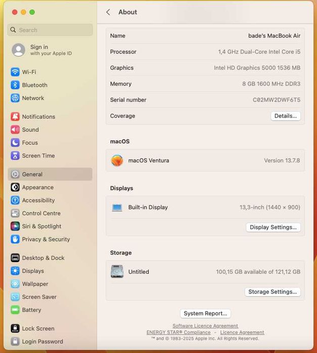 Vand Laptop A1466 MacBook Air 13" 8GB 128GB SSD IOS Ventura