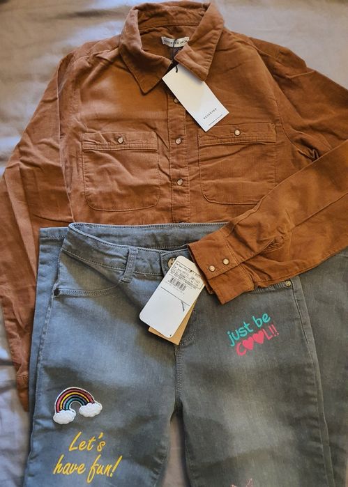 Pantaloni blugi, camasa raiat fete, 140-146, noi,  Reserved, Waikiki