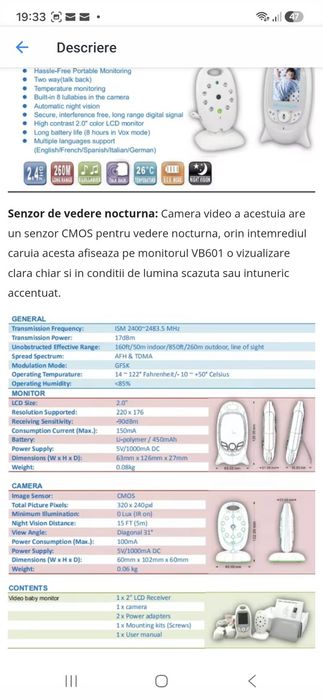 Camera video Wireless, Monitor video digital pentru bebelusi, cu ecran digital, Vedere nocturna in camera, Audio bidirectional, 8 Cantece de leagan