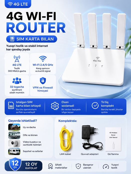 4G/5G Wi-Fi 6 Router -SIM - karta uchun yuqori tezlikdagi simsiz route