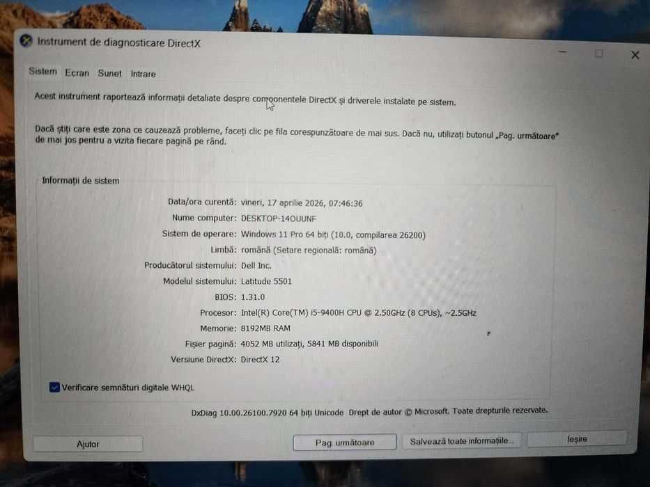 Laptop DELL Latitude 5501, in stare excelenta, :  - CPU Intel i5 9400H , 4 cores, 8 threads, max 4.3 GHz turbo