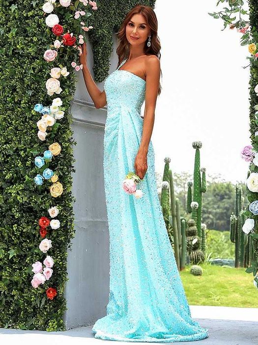 Официална дълга пайетена рокля с А-линия в небесносин цвят - М размер