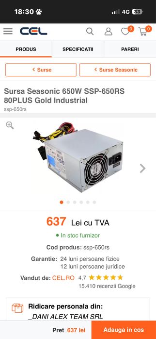 Sursa Seasonic 650W SSP-650RS 80PLUS