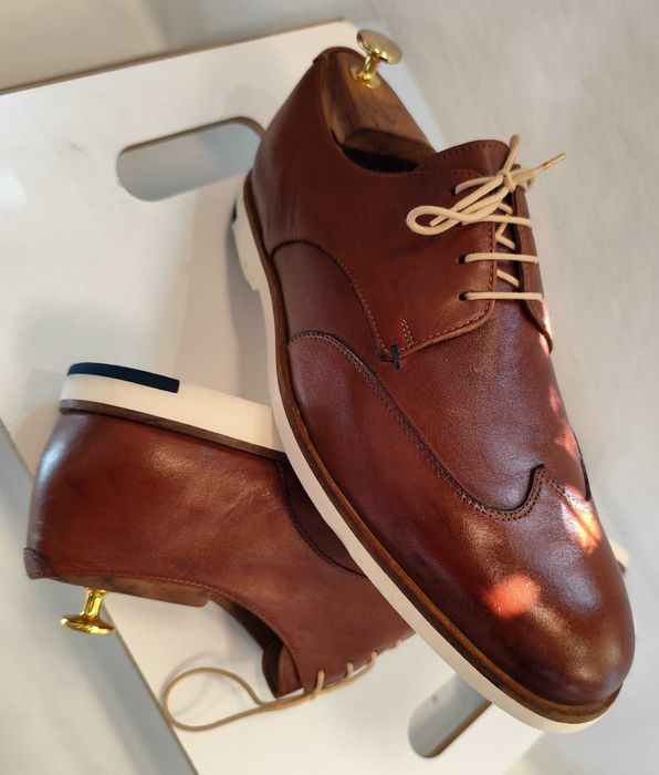 Pantofi derby 43.5 44 cap toe casual Pat Calvin piele naturala moale maro