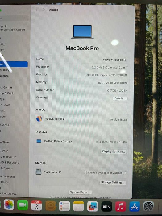 Macbook Pro Space Gray Model A1990 15.4'' 2018 i7 2.2GHz, 16GB, 250 SSD, touchbar