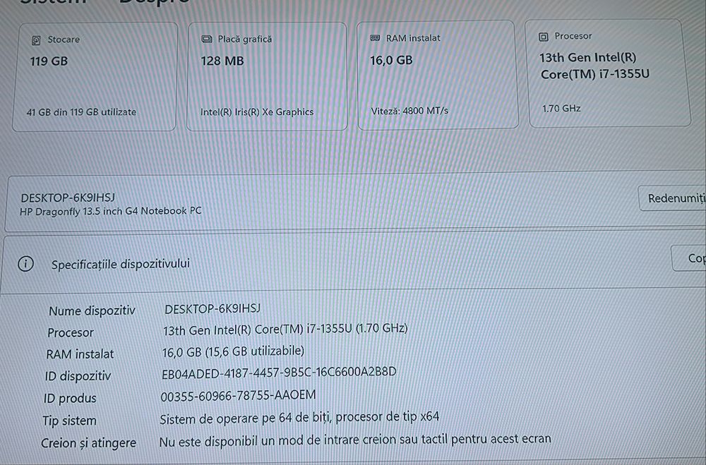 Laptop HP Elite Dragonfly G4 | i7 Gen 13 | 16GB RAM | SSD 128GB Nou | Factură! Display spart!