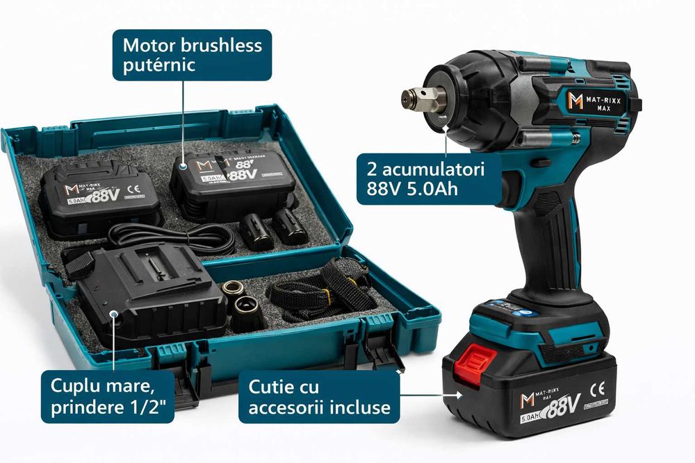 Cheie Impact Brushless 88V 2 Acumulatori 5.0Ah