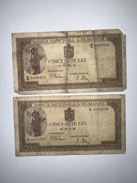 Lot 2 bancnote vechi 500 Lei 1941-1942 BNR Regatul României – Castelul Peleș (WWII)