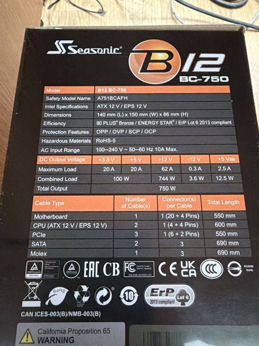 Sursa Seasonic B12 80 Plus Bronze 750 w sigilata