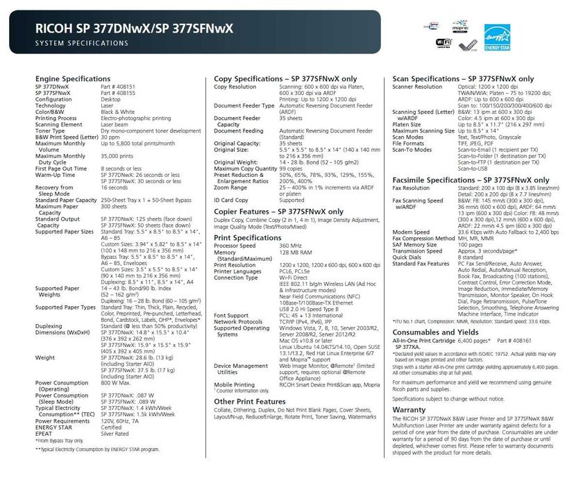 Ricoh SP 377 SFNWX multifunctionala laser, xerox, print, toner 6400pg