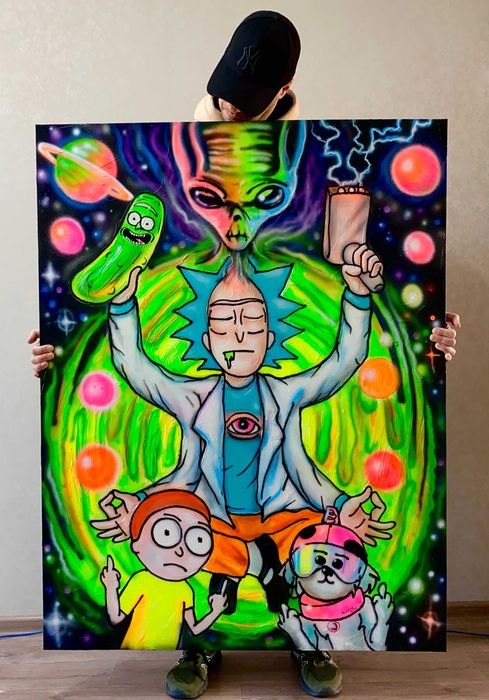 картина 130-100 см "Рик и Морти" светится в ультрафиолете