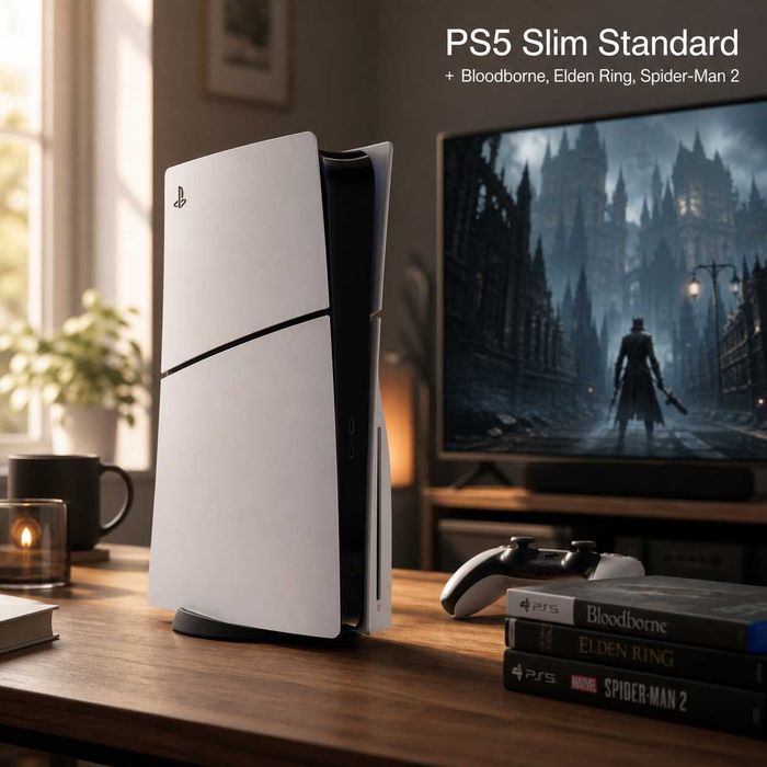 PS5 Slim Standard + 4 ойын, мінсіз күйде