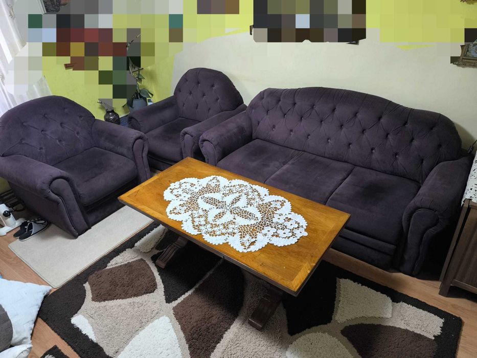 Set canapea extensibilă+ 2 fotolii fixe,tapițerie catifea mov închis