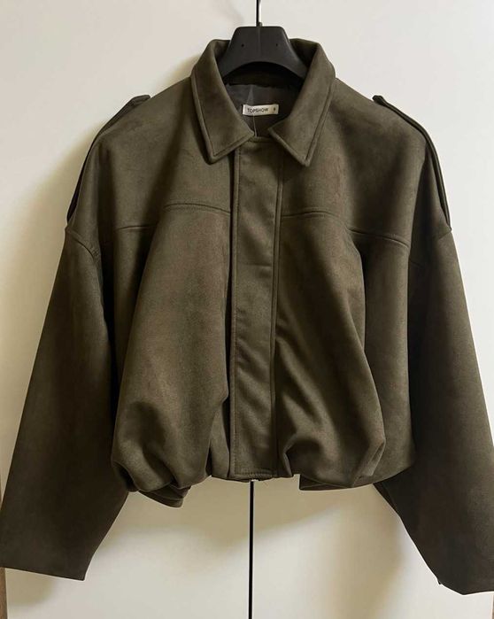 Ново дамско преходно яке от изкуствен велур- OVERSIZED, маслено зелено