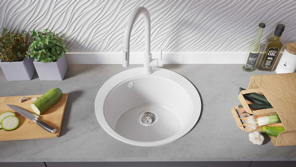 Бяла кръгла кухненска мивка от гранит Пиза 45 Top 500 x 500 мм