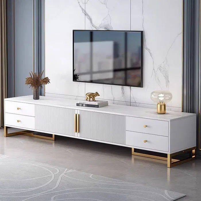 Тумба под ТВ 180×30×40 см — Белый мраморная текстура и золотая фурниту