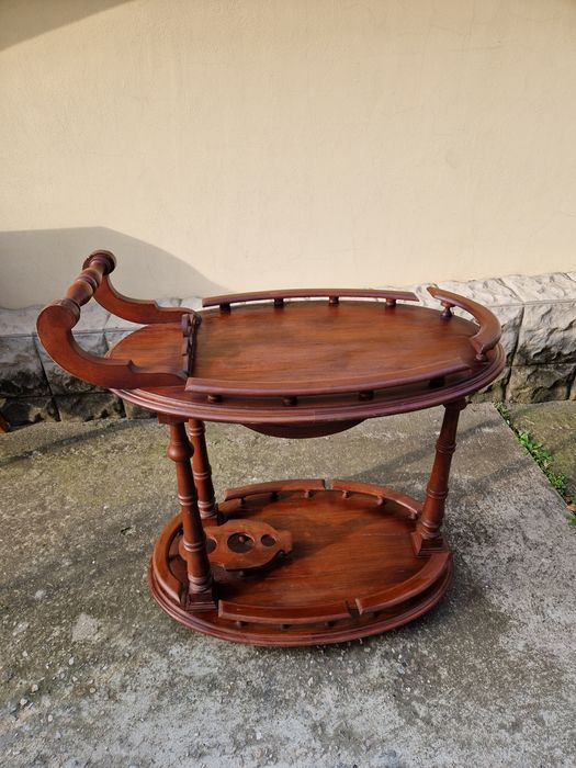 Страхотна антикварна белгийска дървена количка за сервиране