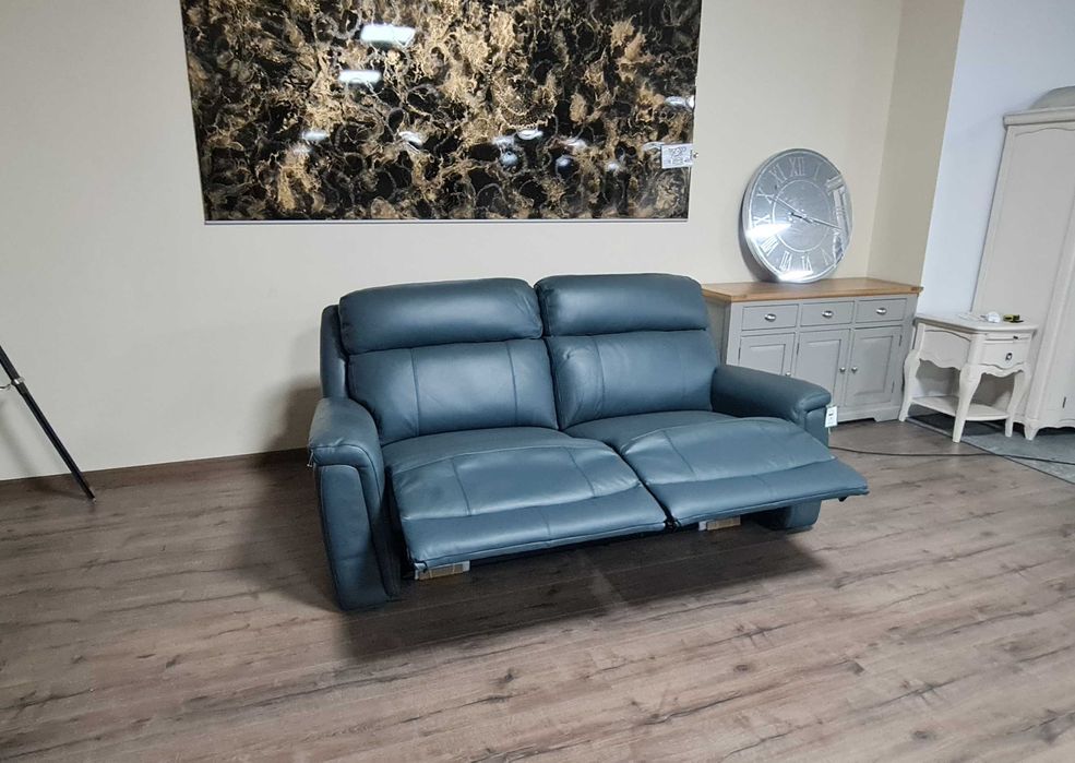 Тюркоазено син кожен диван тройка с ел. релакс механизъм La-z-boy