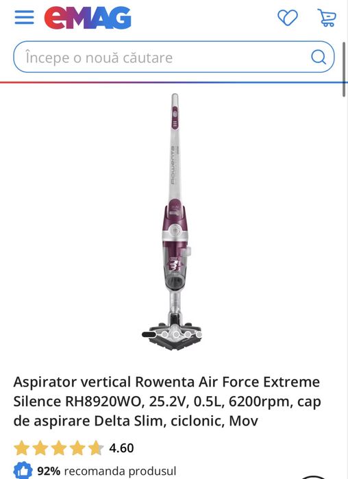 MDM vinde: Aspirator vertical Rowenta Air Force Extreme Silence RH8920WO.